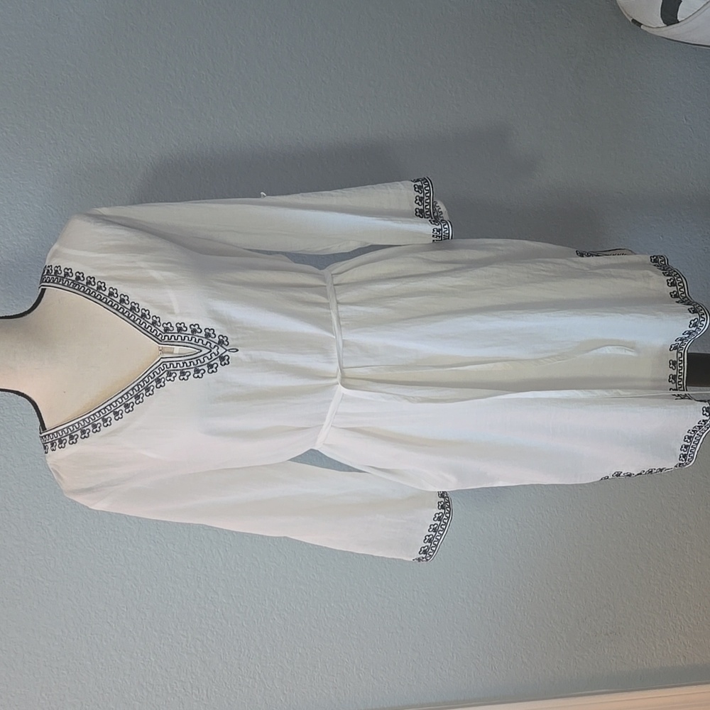 MARKET & SPRUCE 3/4 Sleeve Dress White W/ Navy Beaded & Embroidered Detail LARGE